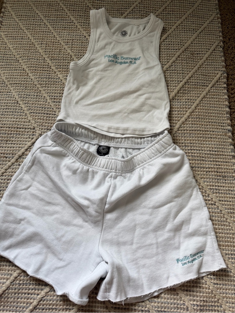 PacSun White Tank Top and Shorts Lounge Set with Light Teal Logo